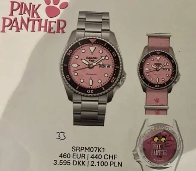 A Seiko Pink Panther SRPM07K1 óra kiszivárgott képe. (Kép forrása: WatchUSeek)
