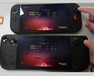 A Nintendo Switch 2 (fent) és a Steam Deck OLED (lent) egymás mellett futtatja a No Man's Sky-t. A kép kiemeli a tesztelés során megfigyelt betöltési időkülönbséget. (Kép forrása: The Phawx a YouTube-on)