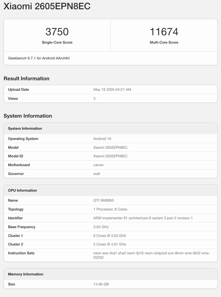 Az állítólagos Xiaomi 17 Max Geekbench listája.