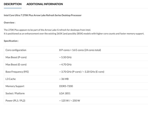 Az Intel Core Ultra 7 270K Plus asztali processzor felsorolt specifikációi. (Kép forrása: PrimeABGB)