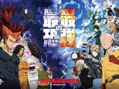 A One Punch Man című anime promóciós plakátja, melyen Saitama, Genos és más hősök a jobb oldalon hatalmas gonosztevőkkel és szörnyekkel állnak szemben a bal oldalon, drámai égi háttérrel. (Kép forrása: One Punch Man)