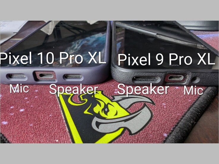 A Pixel 10 Pro XL és a Pixel 9 Pro XL hangszóró és mikrofon helyének összehasonlítása. (Kép forrása: Artem Russakovskii az X-en)