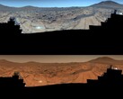 A Perseverance rover által készített kép. A felső kép feljavított, míg az alsó az eredeti színeket mutatja (Kép forrása: NASA, JPL-Caltech, ASU és MSSS; szerkesztés)