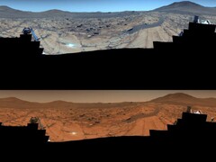 A Perseverance rover által készített kép. A felső kép feljavított, míg az alsó az eredeti színeket mutatja (Kép forrása: NASA, JPL-Caltech, ASU és MSSS; szerkesztés)