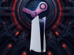 A PS5 konzol egy Steam háttérrel ábrázolva