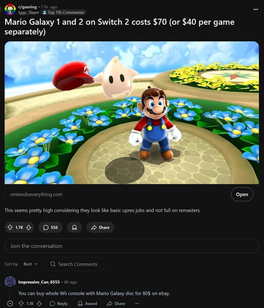 Super Mario Galaxy és Super Mario Galaxy 2 Switch árazási vita (Kép forrása: screenshot, Iggy_Slayer@Gaming subreddit)