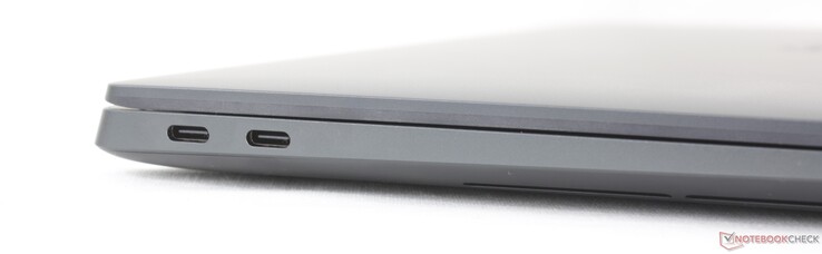 Balra: 2x USB-C 4.0 Thunderbolt 4 (40 GBit/s, DisplayPort-ALT mód, Power Delivery)