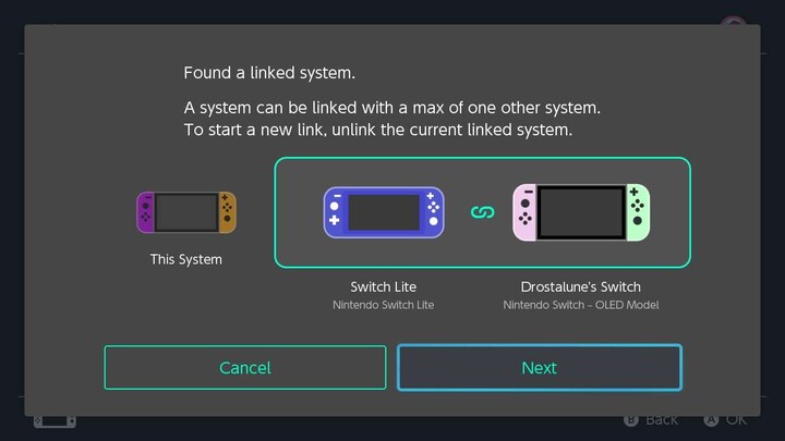 A Nintendo Switch képernyőjén megjelenik egy figyelmeztetés, miszerint egy rendszer legfeljebb egy másik rendszerrel kapcsolható össze a virtuális játékkártya megosztásához, és a felhasználónak fel kell oldania a jelenlegi összekapcsolt rendszer összekapcsolását az új összekapcsolás megkezdéséhez.