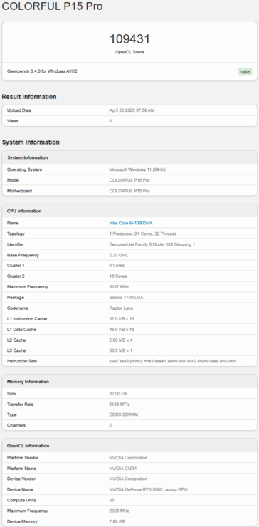 RTX 5060 laptop Geekbench OpenCL pontszám (kép forrása: Geekbench)