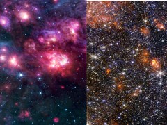 A Sagittarius B2 MIRI és NIRCam képeinek kollázsa (Kép forrása: több - lásd a forrásokat; szerkesztve)