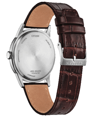 A Citizen Rolan AW2110-14Z hátsó nézete, amelyen látható a rozsdamentes acél hátlap és a barna bőr szíj, a márkajelzéssel ellátott csatral.
