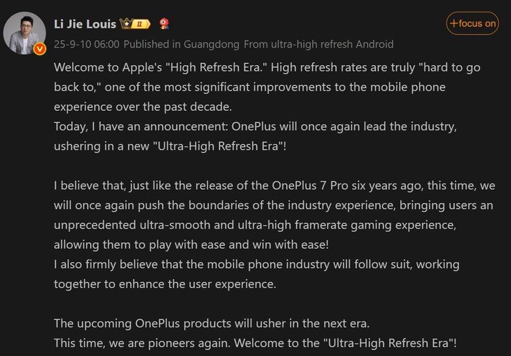 Li Jie bejegyzése a közelgő OnePlus telefonról (Kép forrása: Weibo - gépi fordítás)
