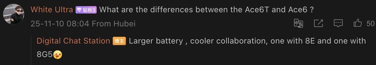Tipster összehasonlítja a vanília OnePlus Ace 6-ot az állítólagos Ace 6T-vel. (Kép forrása: Weibo - gépi fordítás)