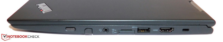 right side: power button, digitizer slot, 3.5mm headphone jack, SIM slot, MicroSD card reader, USB 3.0, HDMI, Kensington Lock
