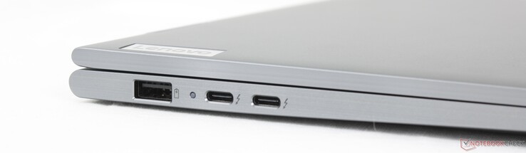 Balra: USB-A 3.2 Gen 1 (5 Gbit/s, mindig bekapcsolva), 2x USB-C 4.0 Thunderbolt 4 (40 Gbit/s, DisplayPort 2.1, Power Delivery 3.0)