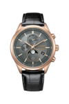 Citizen BY1033-01H Eco-Drive holdfázis-óra szénszürke számlappal, rózsaszín arany színű rozsdamentes acél tokban, fekete bőr szíjjal, analóg holdfázis-kijelzővel, két kis számlappal és dátumablakkal.