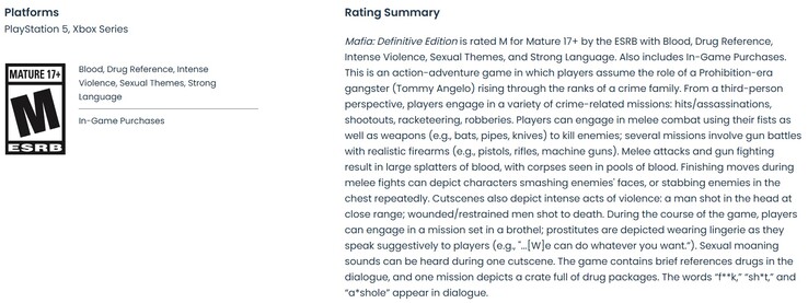 Az ESRB besorolása a Mafia Definitive Edition PS5-ös és Xbox Series X-|S-es verziójára vonatkozóan.