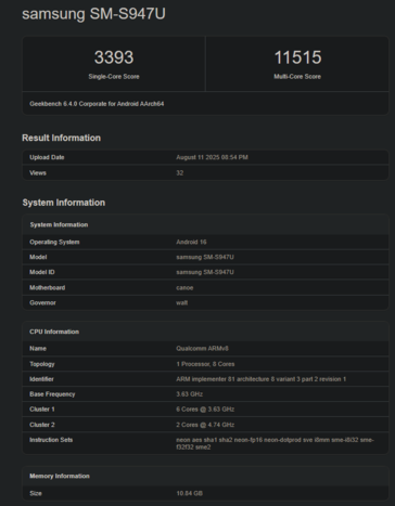 Snapdragon 8 Elite 2 Geekbench pontszám (kép forrása: Geekbench)