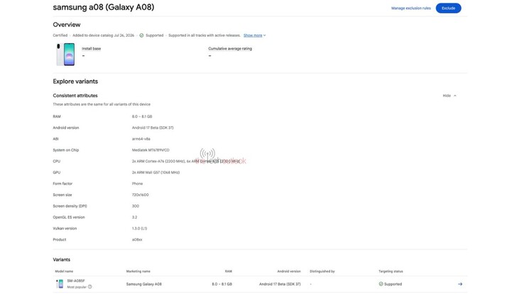 A Samsung Galaxy A08 Google Play Console-on szereplő bejegyzése.