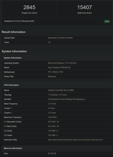 Intel Core Ultra 9 368H Geekbench lista (kép forrása: Geekbench)