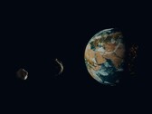 Művészi illusztráció, amely két aszteroidát mutat a Föld közelében.