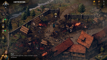 A Thronebreaker: The Witcher Tales című játékban szereplő falut ábrázoló kép.
