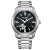 Citizen NH9150-52E automata karóra fekete számlappal, nyitott szív kialakítással, rozsdamentes acél tokban és csiszolt, háromszemű karkötővel.