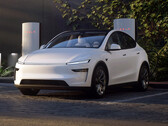 Az új Tesla Model Y egy szupertöltőnél. (Kép forrása: Tesla)