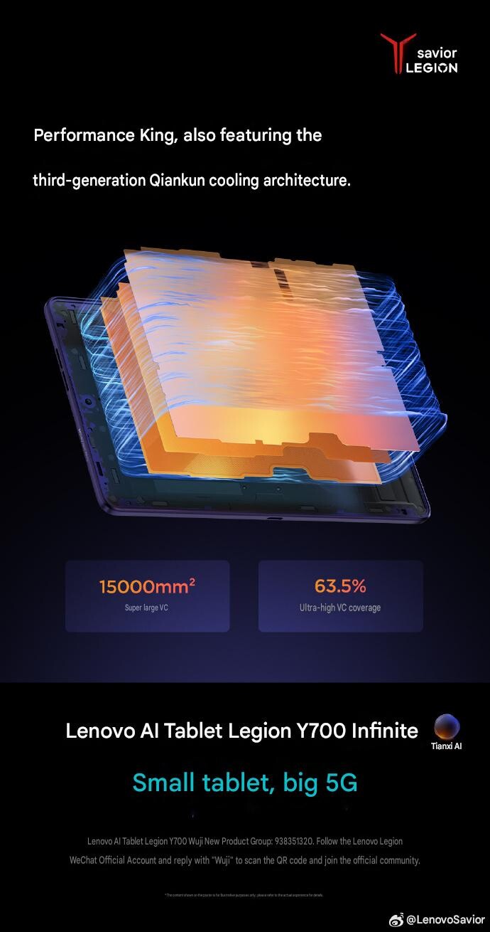 A Lenovo hivatalos renderképe, amely a Legion Y700 Infinite harmadik generációs Qiankun hűtőrendszerét mutatja be, amely egy 15 000 mm²-es gőzkamrát tartalmaz, amely a kompakt játékos táblagép belsejének 63,5 százalékát fedi le.