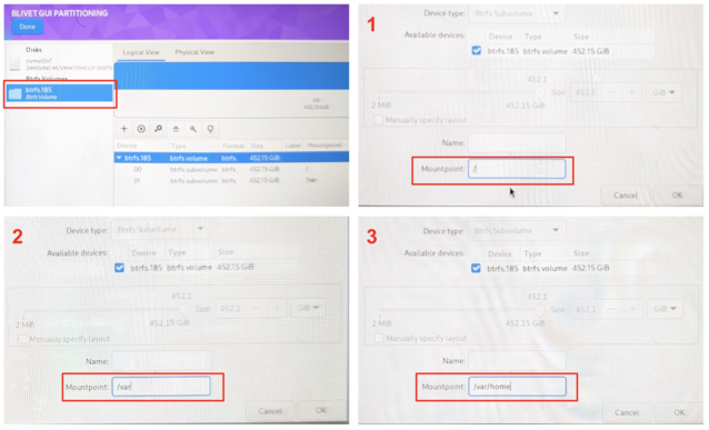 Csakúgy, mint korábban, hozzon létre további 3 btrfs al-kötetet - ismét győződjön meg róla, hogy ez pontosan így van. (Kép forrása: Notebookcheck)