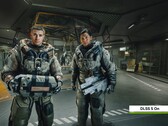 Két Starfield-szereplő egy futurisztikus létesítményben, bekapcsolt Nvidia DLSS 5-tel