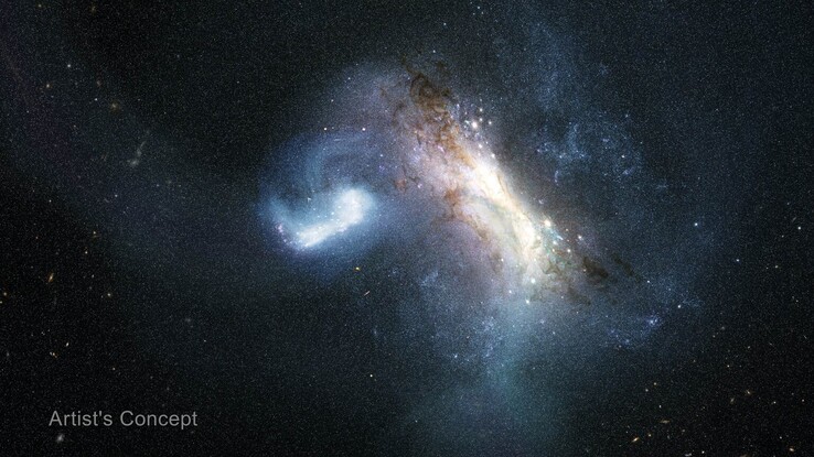 Egy művész illusztrációja, amely két galaxis összeolvadását ábrázolja.