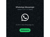 Egy zöld háttérrel és a WhatsApp logóval ellátott fröccsképernyő, amely megemlíti a legújabb béta-verzió számát. (Kép forrása: @WABetaInfo on X)