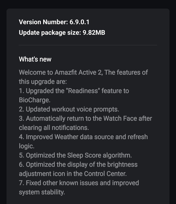 Az Amazfit Active 2 okosórák 6.9.0.1 szoftververziójának kiadási megjegyzései. (Kép forrása: 4PDA forum)