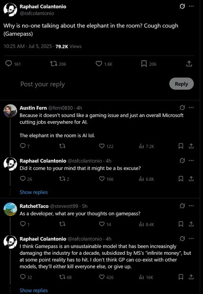 Raphael Colantonio kommentálja az Xbox Game Pass hatását a Microsoft állásvesztéseire (Kép forrása: screenshot, Raphael Colantonio X account)