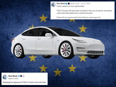 Tesla EU-zászlóval és az X-ről származó hozzászólásokkal a háttérben