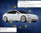 Tesla EU-zászlóval és az X-ről származó hozzászólásokkal a háttérben