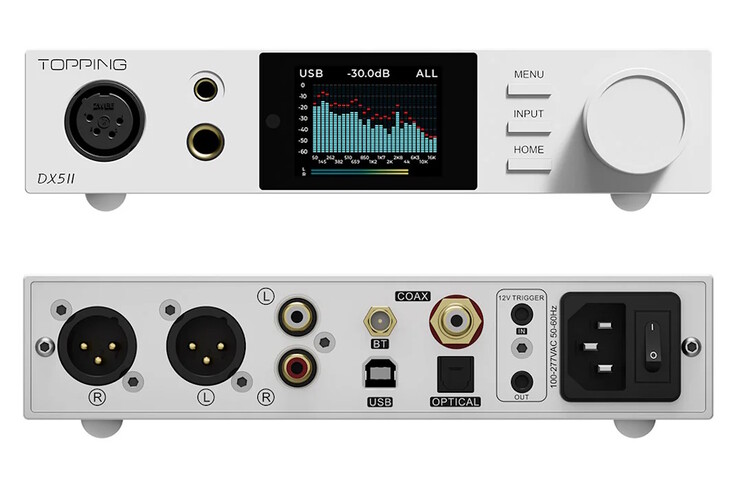 A Topping DX5 II DAC 3,5 mm-es, 4,4 mm-es, 6,4 mm-es és XLR fejhallgató-csatlakozókkal, RCA hangszórócsatlakozókkal, valamint SPDIF és USB bemeneti portokkal rendelkezik. (Kép forrása: Topping)