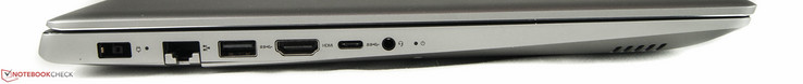 Left-hand side: power connector, RJ45 Ethernet, 1 x USB 3.0 Type-A, HDMI, USB 3.0 Type-C, 3.5 mm jack, status LED