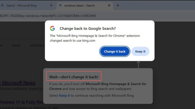 A Chrome azt javasolja, hogy váltsunk vissza a Google Keresőre, míg a Microsoft kiterjesztése arra ösztönzi a felhasználókat, hogy maradjanak a Bingnél.