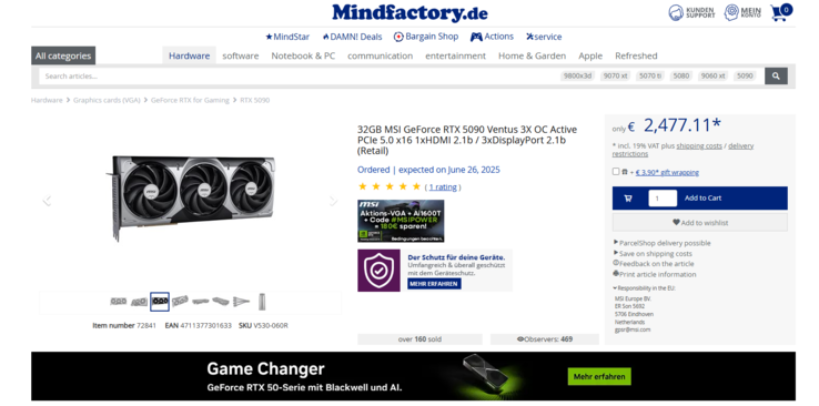 Az MSI RTX 5090 Ventus 3X OC jelenlegi ára (Kép forrása: Mindfactory)