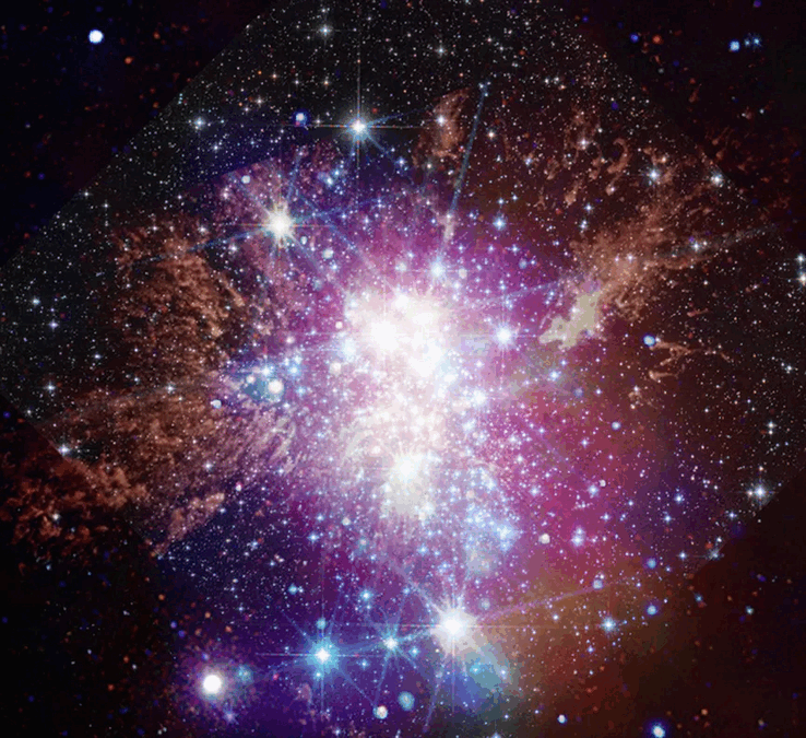 A Westerlund 1 képe a JWST, a Hubble és a Chandra által készített felvételek alapján (A kép forrása: több - lásd a forrásokat)
