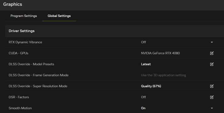 A DLSS és a Smooth Motion globális beállításainak lehetséges beállítása (a szerkesztő személyes Nvidia App-ja)