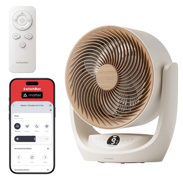 A SwitchBot Battery Circulator Fan 2 Pro távirányítóval, beépített vezérlőgombokkal és Matter-támogatással rendelkezik.