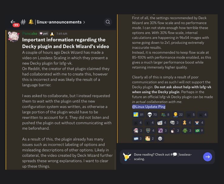 A PancakeTAS Discord bejelentése, melyben tisztázza, hogy nem vettek részt az LSFG-VK Decky plug-injének létrehozásában, kritizálják a plugin alapértelmezett beállításait, és kijelentik, hogy nem fognak támogatást nyújtani hozzá. (Kép forrása: Discord/@PancakeTAS)