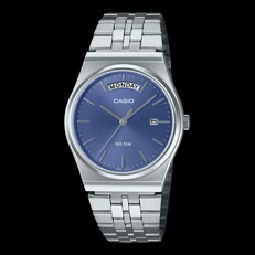 Casio MTP-B146D-2AV rozsdamentes acél óra, világoskék, napfényes mintázatú számlappal, ezüst színű karkötővel, a nap kijelzésével a 12 órás pozícióban és a dátumablakkal a 3 órás pozícióban.