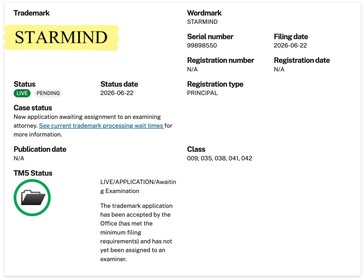 A SpaceX Starmind mesterséges intelligencia műholdkonstellációjának védjegye