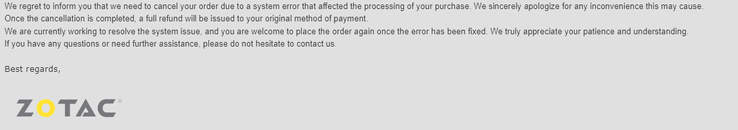 A ZOTAC által az ügyfeleknek küldött e-mail. (Kép forrása: Reddit) 
