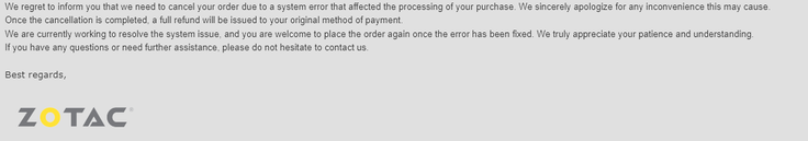 A ZOTAC által az ügyfeleknek küldött e-mail. (Kép forrása: Reddit) 