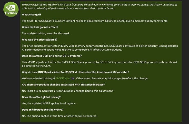 Az Nvidia frissíti a DGX Spark mini munkaállomás PC árazását.